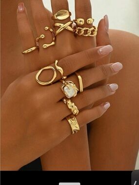 Gold Stackable Women’s Ring Set - Elegant Mixed Band Designs - 8 total (not all)